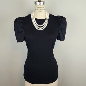 Meraki Black Cotton Blend Crew Neck Fitted Blouse Short Puffed Sleeves * Size S